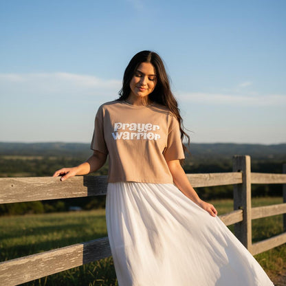 prayer warrior tshirt, tshirt, women's tshirt, christian clothing brand, faith based fashion, brown tshirt, comfort colors, outfit idea