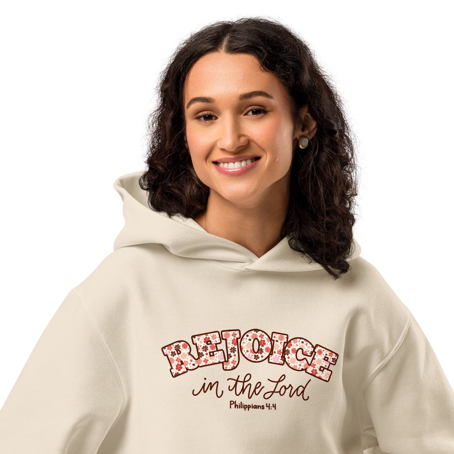 rejoice in the Lord hoodie, hoodie, heavyweight hoodie, women's hoodie, unisex hoodie,christian clothing brand, faith based fashion, beige hoodie, floral design, bella + canvas