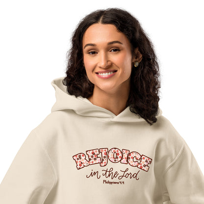 rejoice in the Lord hoodie, hoodie, heavyweight hoodie, women's hoodie, unisex hoodie,christian clothing brand, faith based fashion, beige hoodie, floral design, bella + canvas