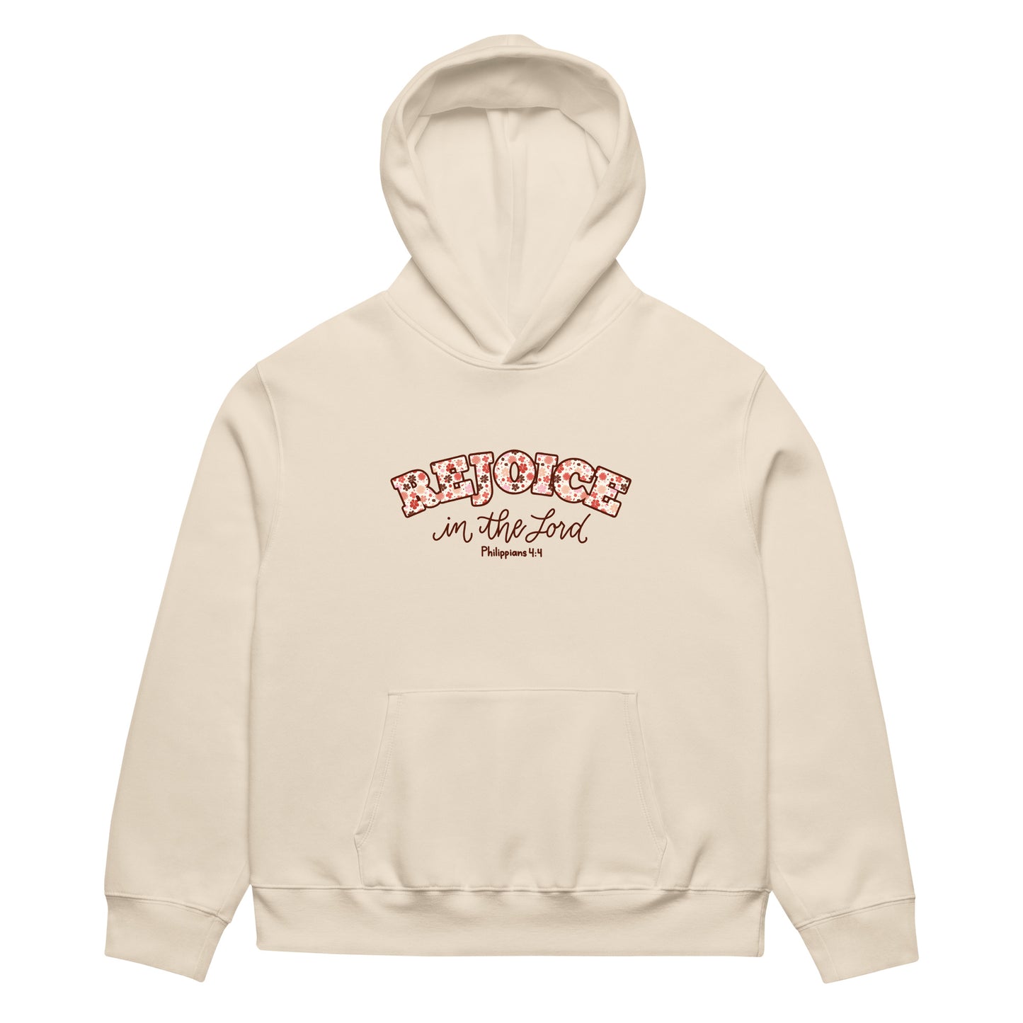 rejoice in the Lord hoodie, hoodie, heavyweight hoodie, women's hoodie, unisex hoodie,christian clothing brand, faith based fashion, beige hoodie, floral design, bella + canvas