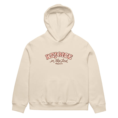 rejoice in the Lord hoodie, hoodie, heavyweight hoodie, women's hoodie, unisex hoodie,christian clothing brand, faith based fashion, beige hoodie, floral design, bella + canvas