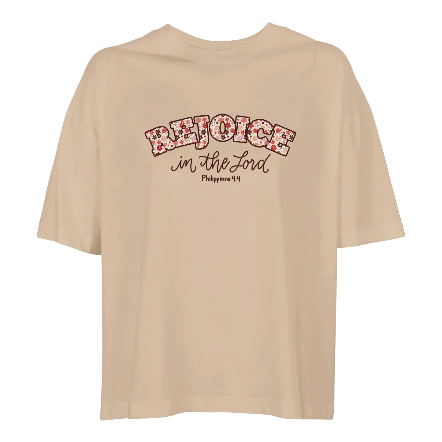 Beige t-shirt with 'Rejoice in the Lord' text,  rejoice in the Lord tee, tshirt, women's tshirt, christian clothing brand, faith based fashion, beige tee, basic tshirt, floral design
