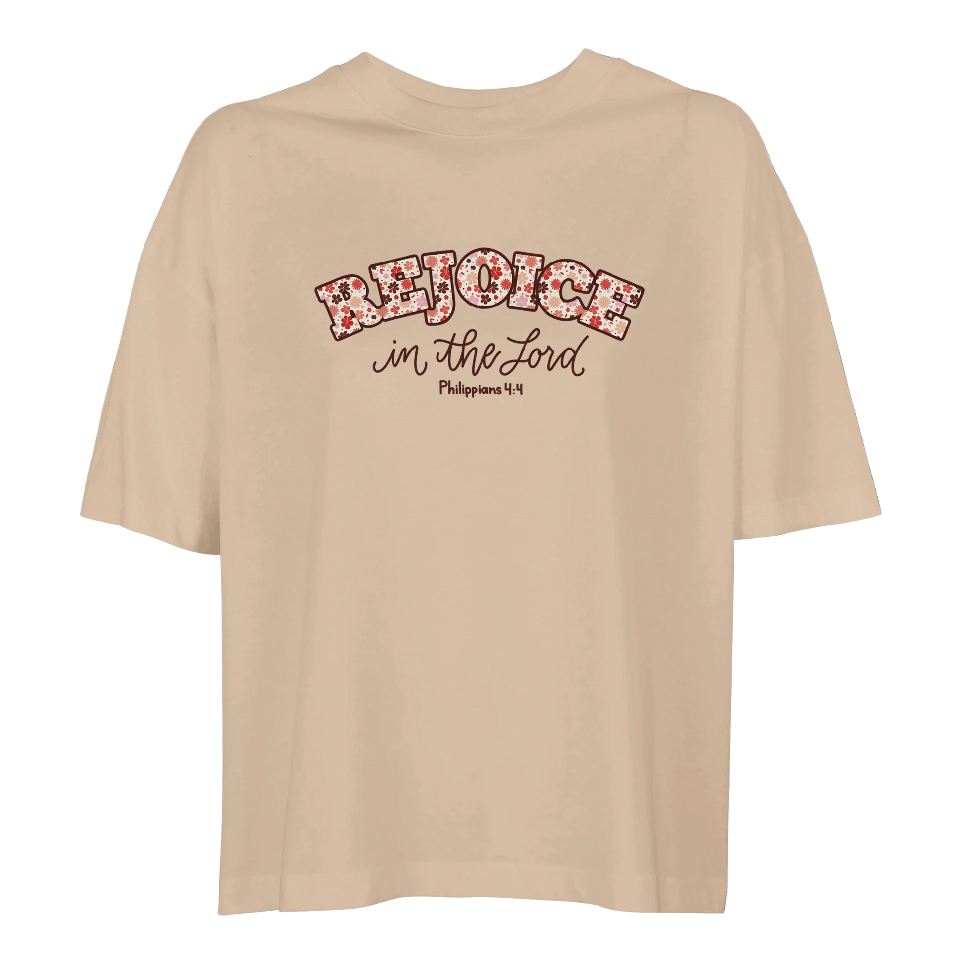 Beige t-shirt with 'Rejoice in the Lord' text,  rejoice in the Lord tee, tshirt, women's tshirt, christian clothing brand, faith based fashion, beige tee, basic tshirt, floral design
