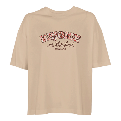 Beige t-shirt with 'Rejoice in the Lord' text,  rejoice in the Lord tee, tshirt, women's tshirt, christian clothing brand, faith based fashion, beige tee, basic tshirt, floral design
