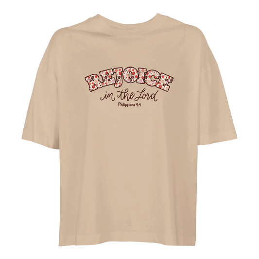 Beige t-shirt with 'Rejoice in the Lord' text,  rejoice in the Lord tee, tshirt, women's tshirt, christian clothing brand, faith based fashion, beige tee, basic tshirt, floral design

