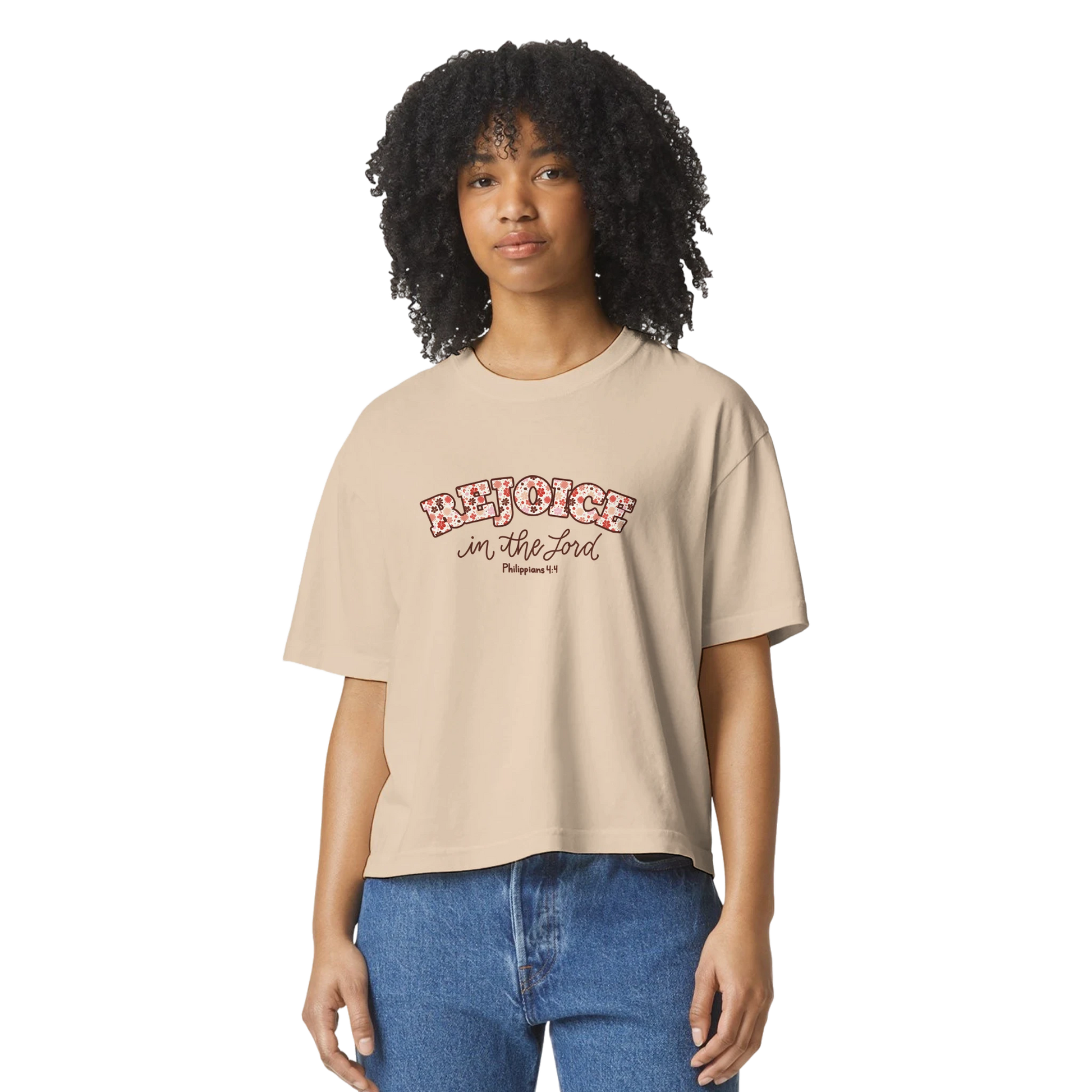 Beige t-shirt with 'Rejoice in the Lord' text,  rejoice in the Lord tee, tshirt, women's tshirt, christian clothing brand, faith based fashion, beige tee, basic tshirt, floral design

