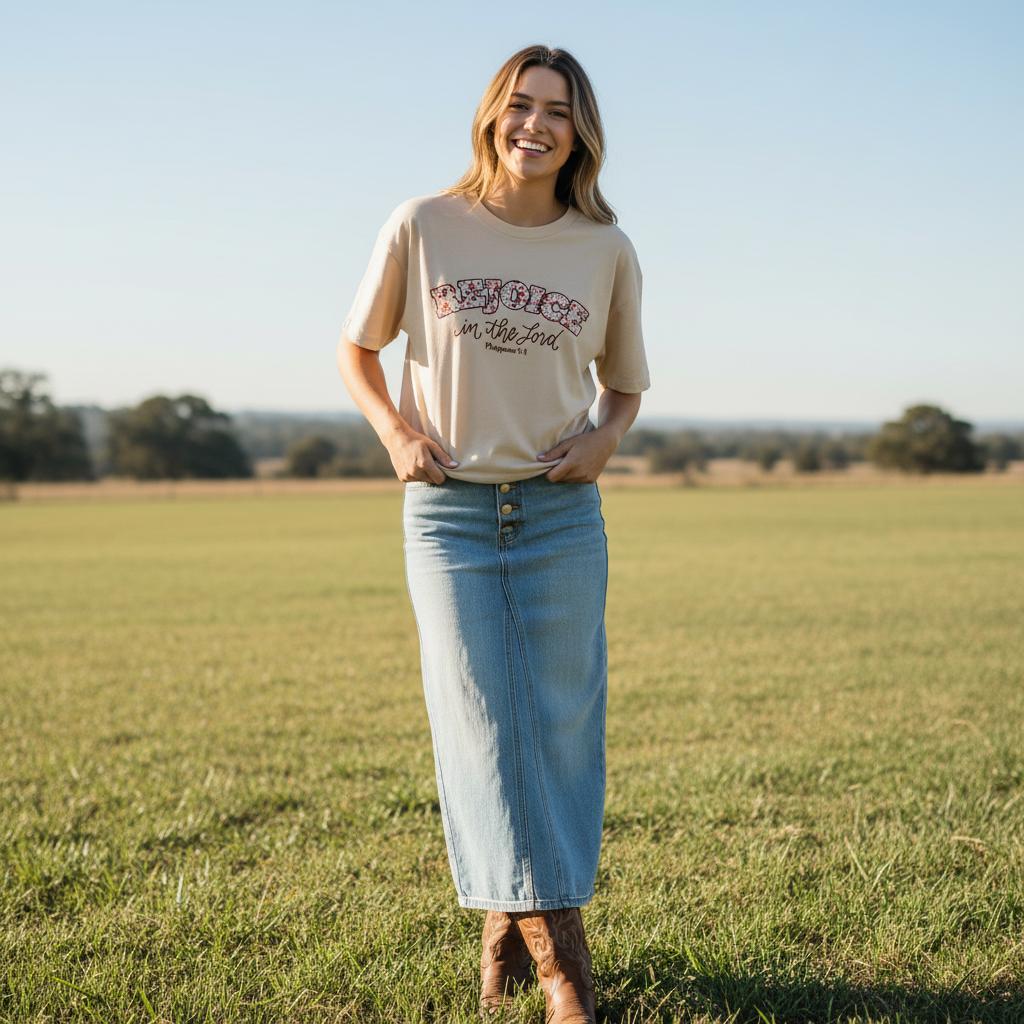 Beige t-shirt with 'Rejoice in the Lord' text,  rejoice in the Lord tee, tshirt, women's tshirt, christian clothing brand, faith based fashion, beige tee, basic tshirt, floral design
