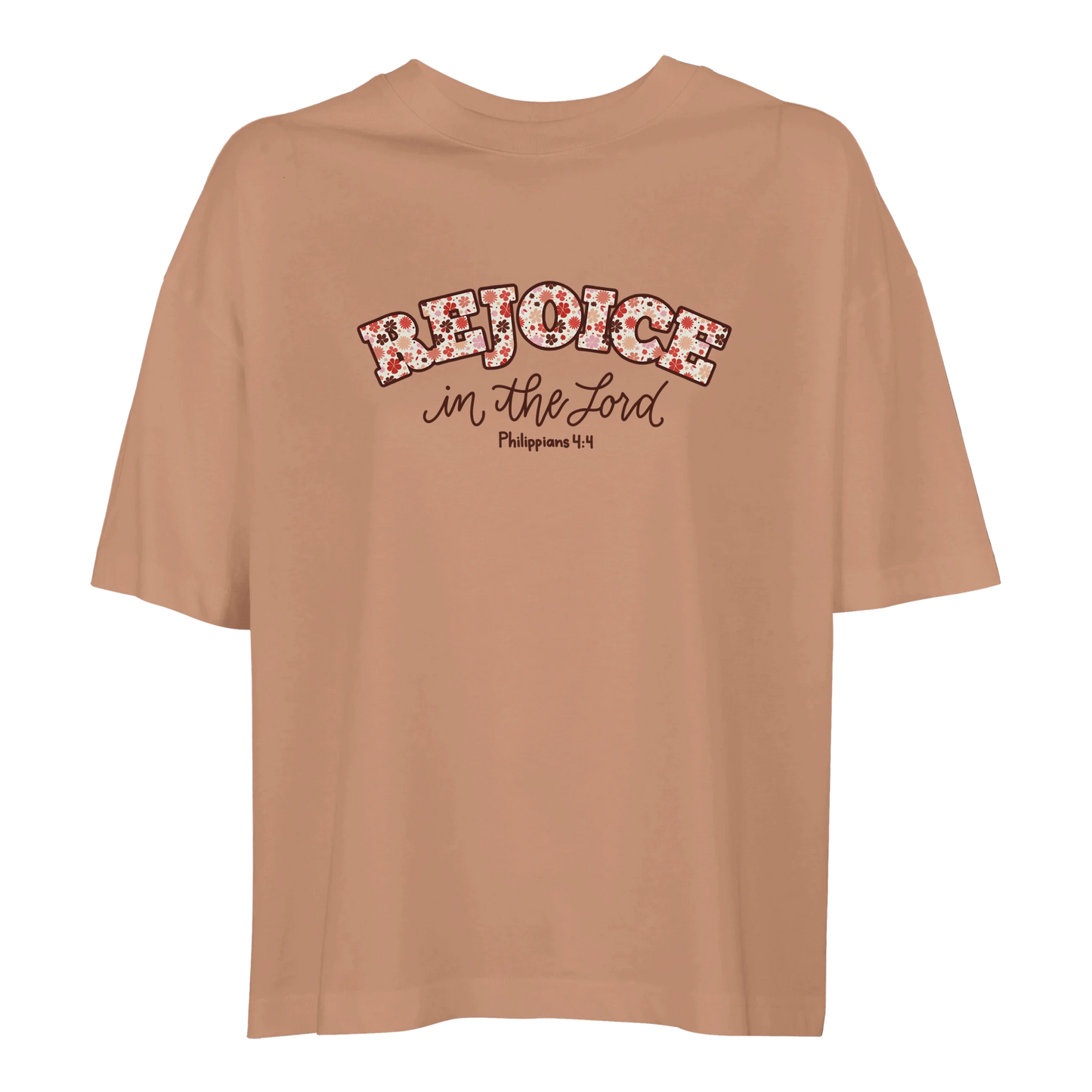 brown t-shirt with 'Rejoice in the Lord' text,  rejoice in the Lord tee, tshirt, women's tshirt, christian clothing brand, faith based fashion, brown tee, basic tshirt, floral design
