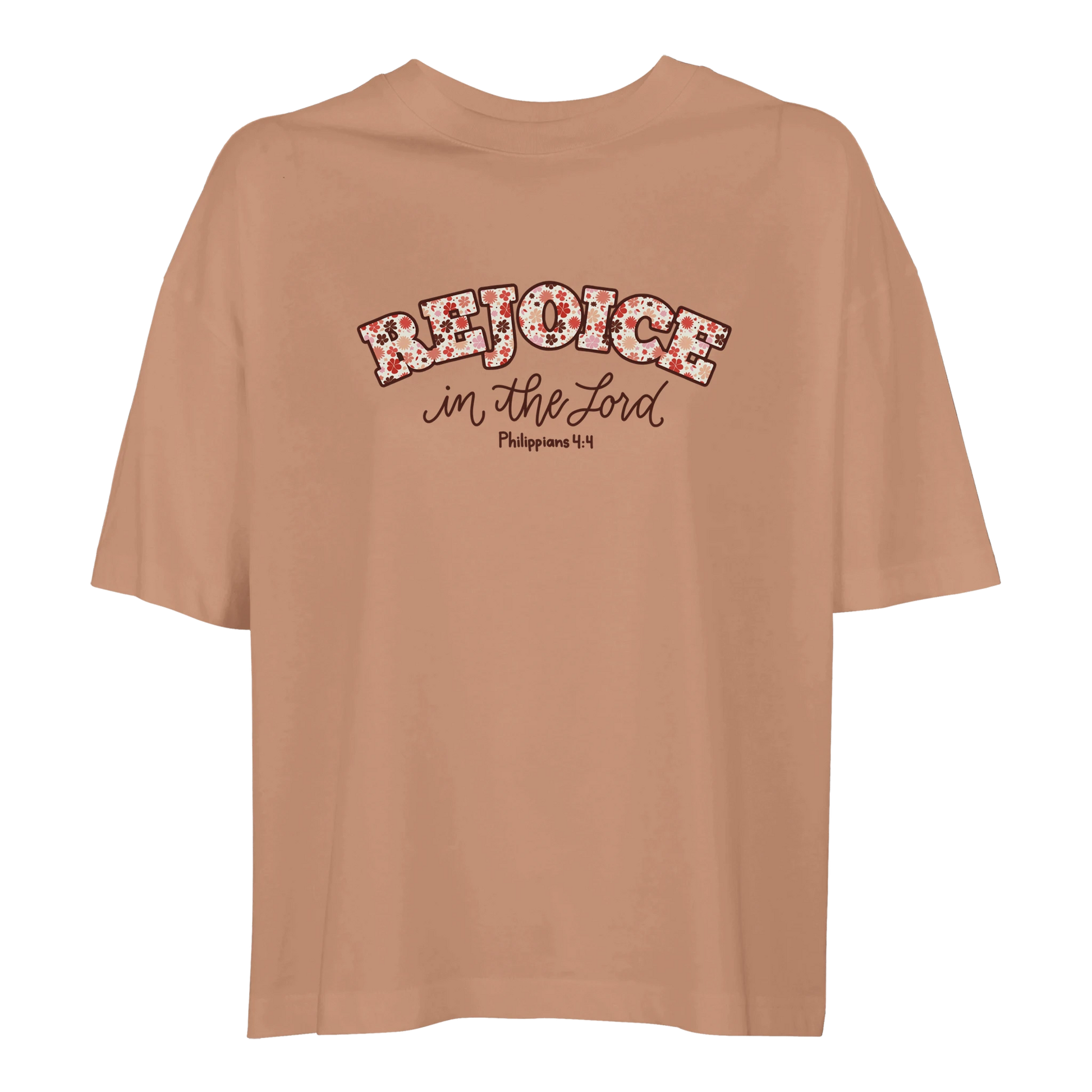 brown t-shirt with 'Rejoice in the Lord' text,  rejoice in the Lord tee, tshirt, women's tshirt, christian clothing brand, faith based fashion, brown tee, basic tshirt, floral design
