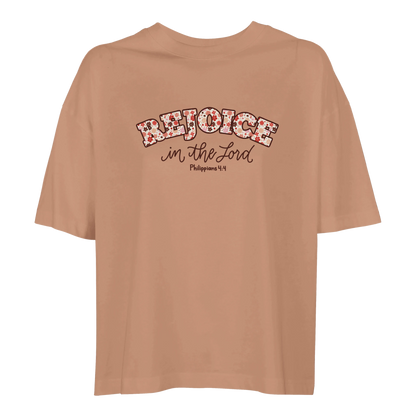 brown t-shirt with 'Rejoice in the Lord' text,  rejoice in the Lord tee, tshirt, women's tshirt, christian clothing brand, faith based fashion, brown tee, basic tshirt, floral design
