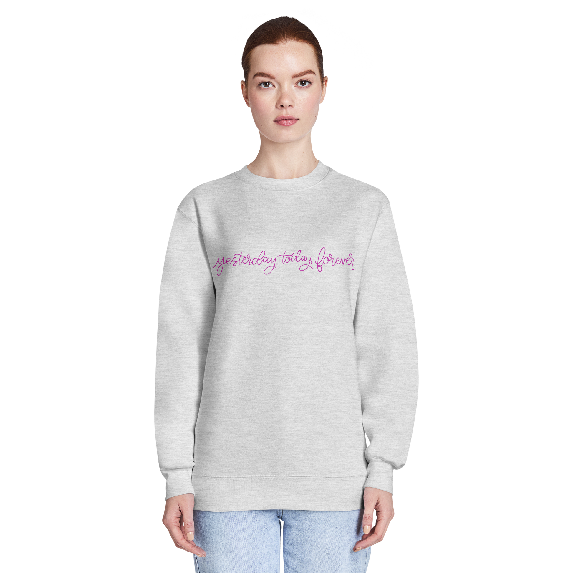 yesterday today forever sweatshirt, crewneck, women's sweatshirt, christian clothing brand, faith based fashion, gray sweatshirt, pink