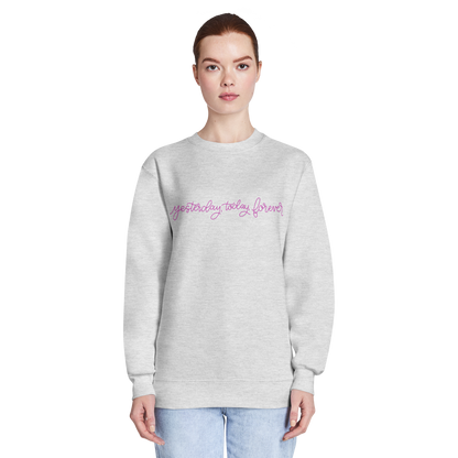 yesterday today forever sweatshirt, crewneck, women's sweatshirt, christian clothing brand, faith based fashion, gray sweatshirt, pink